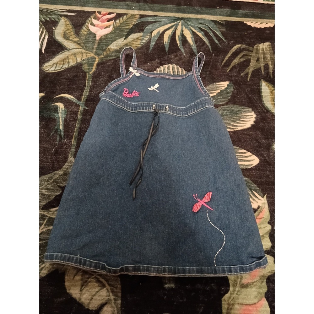 Vintage 1999 Barbie Denim Dress Dragonfly Girls Size 6 Spaghetti Straps